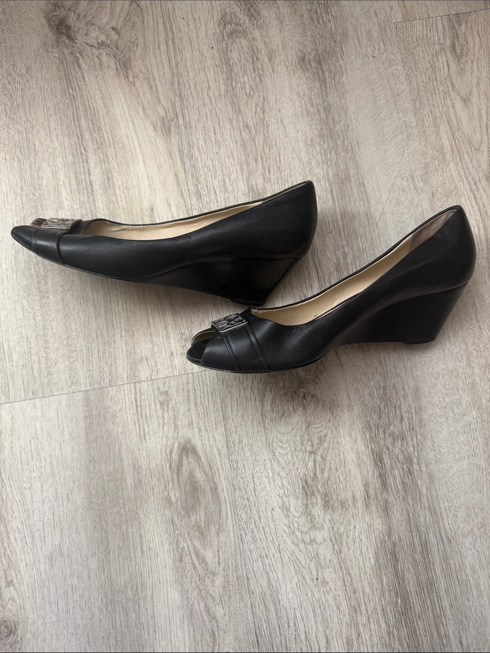 Coach Black Peep-Toe Wedge Pumps with Silver Logo Accent - Picture 7 of 7
